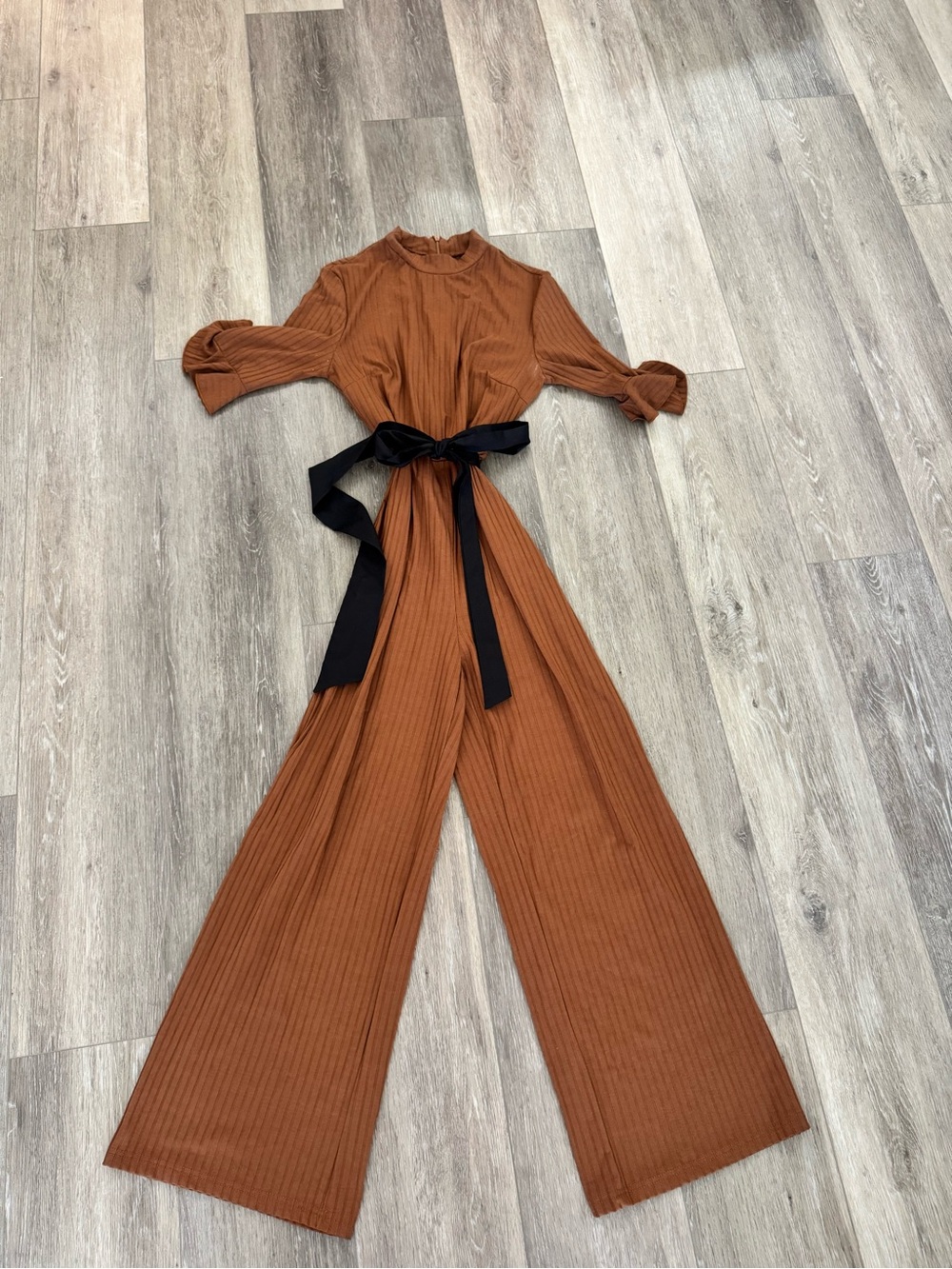 SHEIN Rust Brown Wide-Leg Jumpsuit with Black Tie